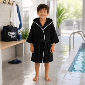Halat de baie cu gluga pentru copii Kotonia Home, 100% bumbac, tesatura prosop jacquard, negru