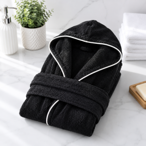 Halat de baie cu gluga pentru copii Kotonia Home, 100% bumbac, tesatura prosop jacquard, negru - imagine 2