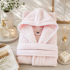 Halat de baie cu gluga Kotonia Home - pentru adulti, 100% bumbac, 500g/mp, tesatura prosop jacquard, roz pudra
