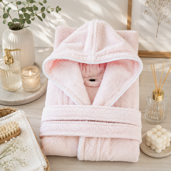 Halat de baie cu gluga Kotonia Home - pentru adulti, 100% bumbac, 500g/mp, tesatura prosop jacquard, roz pudra