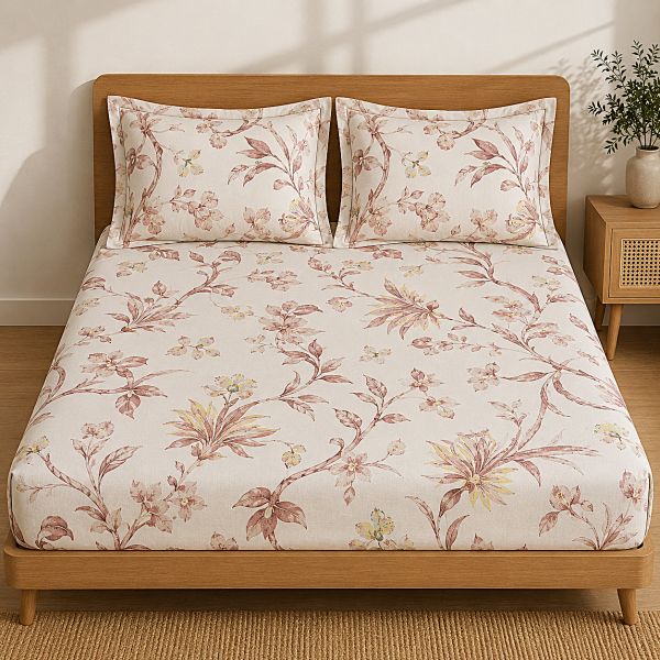 Husa cu elastic pentru pat Kotonia Home - Ranforce color Deco si 2 fete perna 50x70 cm, 100% bumbac, decor floral - 05