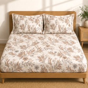 Husa cu elastic pentru pat Kotonia Home - Ranforce color Deco si 2 fete perna 50x70 cm, 100% bumbac, decor floral - 07
