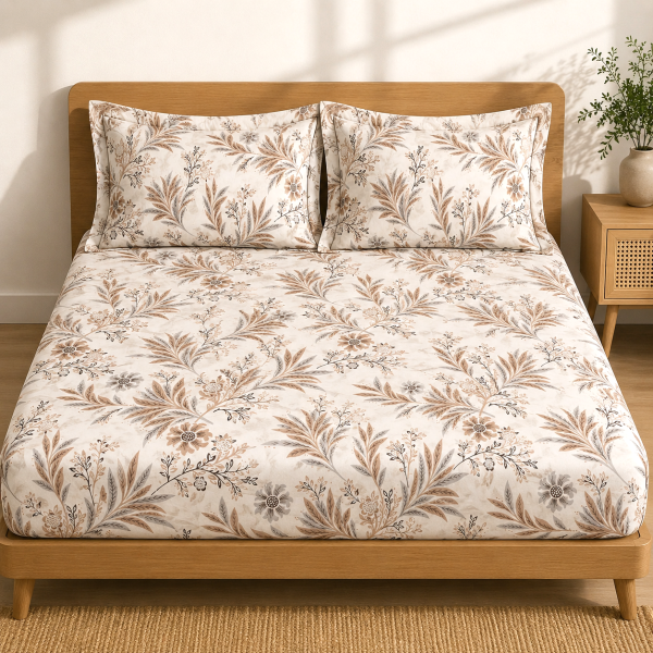 Husa cu elastic pentru pat Kotonia Home - Ranforce color Deco si 2 fete perna 50x70 cm, 100% bumbac, decor floral - 07
