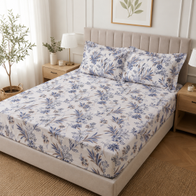 Husa cu elastic pentru pat Kotonia Home - Ranforce color Deco si 2 fete perna 50x70 cm, 100% bumbac, decor floral - 08
