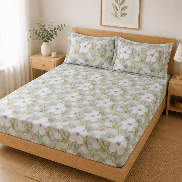 Husa cu elastic pentru pat Kotonia Home - Ranforce color Deco si 2 fete perna 50x70 cm, 100% bumbac, decor floral - 09