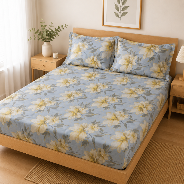 Husa cu elastic pentru pat Kotonia Home - Ranforce color Deco si 2 fete perna 50x70 cm, 100% bumbac, decor floral - 11