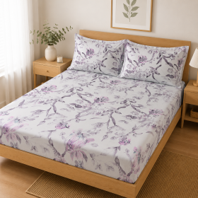 Husa cu elastic pentru pat Kotonia Home - Ranforce color Deco si 2 fete perna 50x70 cm, 100% bumbac, decor floral - 12