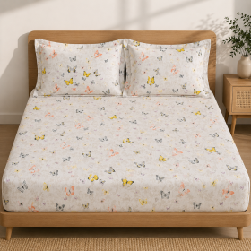 Husa cu elastic pentru pat Kotonia Home - Ranforce color Deco si 2 fete perna 50x70 cm, 100% bumbac, decor fluturi - 02