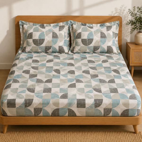 Husa cu elastic pentru pat Kotonia Home - Ranforce color Deco si 2 fete perna 50x70 cm, 100% bumbac, decor geometric - 04