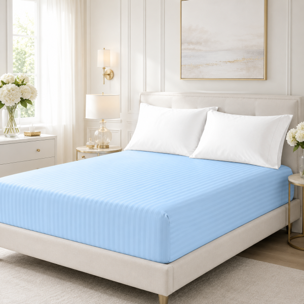 Husa de pat cu elastic Kotonia Home Deco, 100% bumbac, Damasc Saten, dimensiune dungi 1 cm, Bleu Ciel