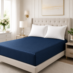 Husa de pat cu elastic Kotonia Home Deco, 100% bumbac, Damasc Saten, dimensiune dungi 1 cm, Bleumarin