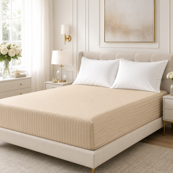 Husa de pat cu elastic Kotonia Home Deco, 100% bumbac, Damasc Saten, dimensiune dungi 1 cm, Cappuccino