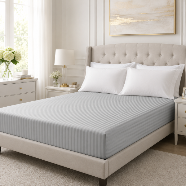 Husa de pat cu elastic Kotonia Home Deco, 100% bumbac, Damasc Saten, dimensiune dungi 1 cm, Gri