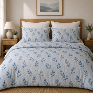 Lenjerie de pat Kotonia Home cu 4 fete de perna- 2 persoane, ranforce imprimat, 100% bumbac, decor floral, bleu si alb