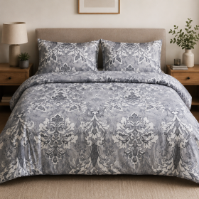 Lenjerie de pat 2 persoane, tesatura clasica neteda, 100% bumbac, decor floral- 50
