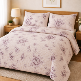 Lenjerie de pat - 2 persoane, textura creponata, decor floral - cod 013