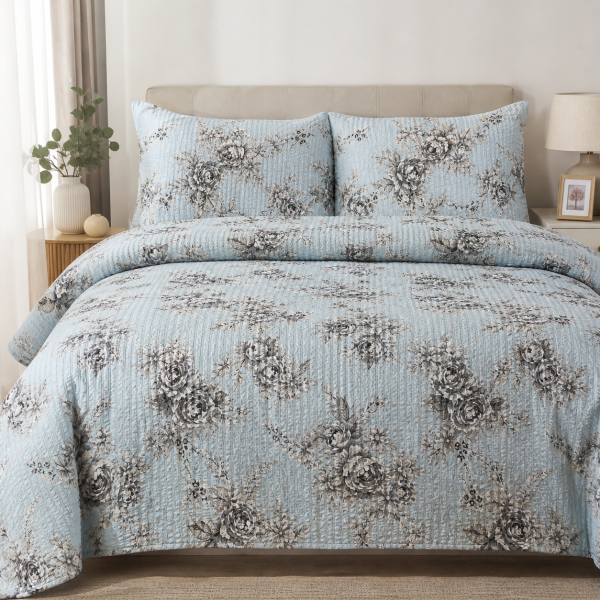 Lenjerie de pat - 2 persoane, textura creponata, decor floral - cod 017