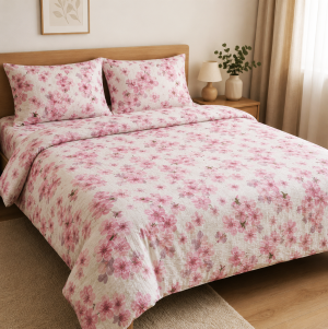 Lenjerie de pat - 2 persoane, textura creponata, decor floral - cod 021