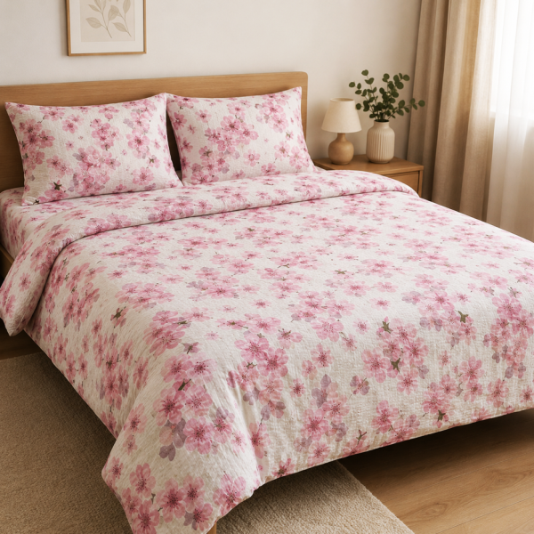 Lenjerie de pat - 2 persoane, textura creponata, decor floral - cod 021