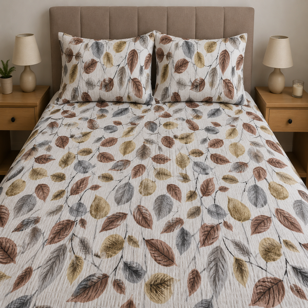Lenjerie de pat - 2 persoane, textura creponata, decor frunze- cod 025