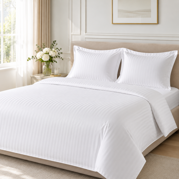 Lenjerie de pat Kotonia Home Hotel 1 persoana, 100% bumbac, Damasc cu latime dungi 2 cm, alb