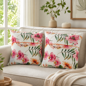 Pachet 2 perne decor Kotonia Home - 50x50 cm, creton impermeabil 100% bumbac, cu umplutura puf siliconizat, imprimeu orhidee - imagine 2