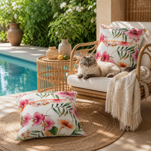 Pachet 2 perne decor Kotonia Home - 50x50 cm, creton impermeabil 100% bumbac, cu umplutura puf siliconizat, imprimeu orhidee - imagine 3
