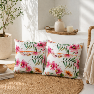 Pachet 2 perne decor Kotonia Home - 50x50 cm, creton impermeabil 100% bumbac, cu umplutura puf siliconizat, imprimeu orhidee