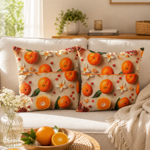 Pachet 2 perne decor Kotonia Home - 50x50 cm, creton impermeabil 100% bumbac, cu umplutura puf siliconizat, imprimeu portocale si frangipani - imagine 4