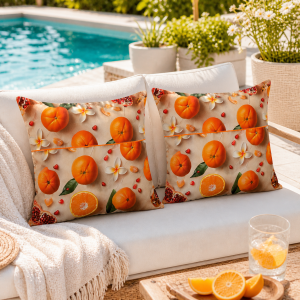 Pachet 2 perne decor Kotonia Home - 50x50 cm, creton impermeabil 100% bumbac, cu umplutura puf siliconizat, imprimeu portocale si frangipani - imagine 3