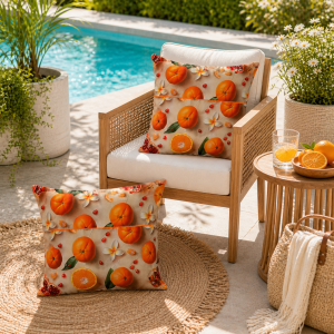 Pachet 2 perne decor Kotonia Home - 50x50 cm, creton impermeabil 100% bumbac, cu umplutura puf siliconizat, imprimeu portocale si frangipani - imagine 2