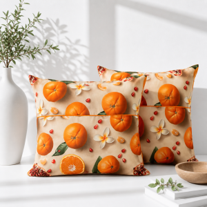 Pachet 2 perne decor Kotonia Home - 50x50 cm, creton impermeabil 100% bumbac, cu umplutura puf siliconizat, imprimeu portocale si frangipani
