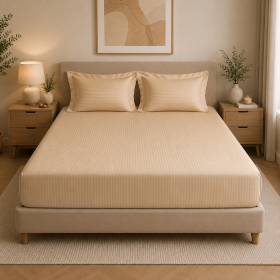 Pachet husa cu elastic si fete perna - Kotonia Home Deco, 100% bumbac, damasc saten, Cappuccino