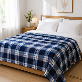 Patura polar Kotonia Home - Decor geometric, cu doua fete, 180x220 cm, bleumarin cu alb - 01