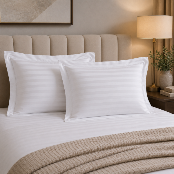 Set 2 Fete de perna Kotonia Home Hotel - Damasc cu dungi late de 2 cm cu rame decorative Oxford, 100% bumbac, alb