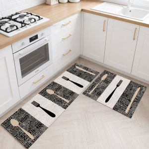 Set 2 covoare pentru bucatarie, antiderapant, print digital 3D - decor bicolor alb si gri - 02 - imagine 2