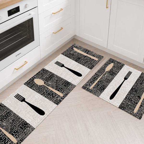 Set 2 covoare pentru bucatarie, antiderapant, print digital 3D - decor bicolor alb si gri - 02