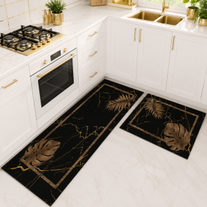Set 2 covoare pentru bucatarie, antiderapant, print digital 3D - decor negru cu frunze de palmier - 010 - imagine 2