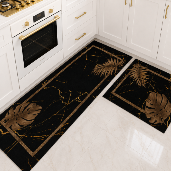 Set 2 covoare pentru bucatarie, antiderapant, print digital 3D - decor negru cu frunze de palmier - 010