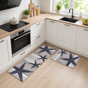 Set 2 covoare pentru bucatarie, antiderapant, print digital 3D - decor gri cu stele de mare - 09 - imagine 2