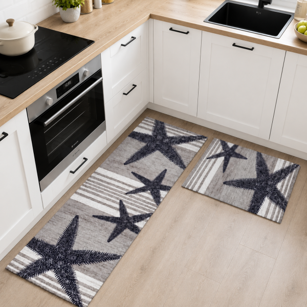 Set 2 covoare pentru bucatarie, antiderapant, print digital 3D - decor gri cu stele de mare - 09