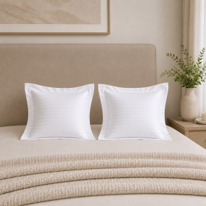 Set 2 fete perna Kotonia Home Hotel - Damasc cu dungi de 1 cm cu rame decorative Oxford, 100% bumbac, alb - imagine 3