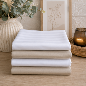 Set 4 fete de perna Kotonia Home - damasc 1 cm, 100% bumbac, 70x70 cm, bej si alb - imagine 2