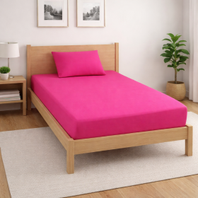 Set pentru pat Kotonia Home husa cu elastic 100×200+20 cm + 1 fata perna 50×70 cm – tricot, 100% bumbac, fuxia