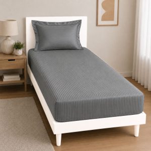 Pachet husa cu elastic si fete perna - Kotonia Home Deco, 100% bumbac, damasc saten, gri mediu - imagine 3