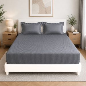 Pachet husa cu elastic si fete perna - Kotonia Home Deco, 100% bumbac, damasc saten, gri mediu - imagine 2