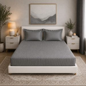 Pachet husa cu elastic si fete perna - Kotonia Home Deco, 100% bumbac, damasc saten, gri mediu