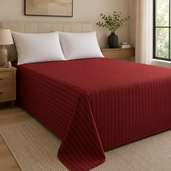 Cearceaf de pat Kotonia Home Deco, 100% bumbac, Damasc Saten, dimensiune dungi 1 cm, Bordo