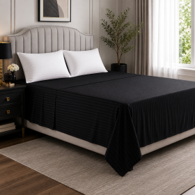 Cearceaf de pat Kotonia Home Deco, 100% bumbac, Damasc Saten, dimensiune dungi 1 cm, Negru