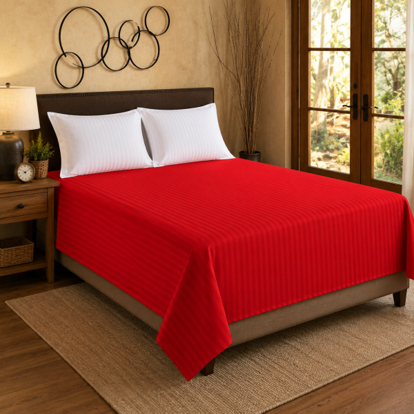 Cearceaf de pat Kotonia Home Deco, 100% bumbac, Damasc Saten, dimensiune dungi 1 cm, Rosu